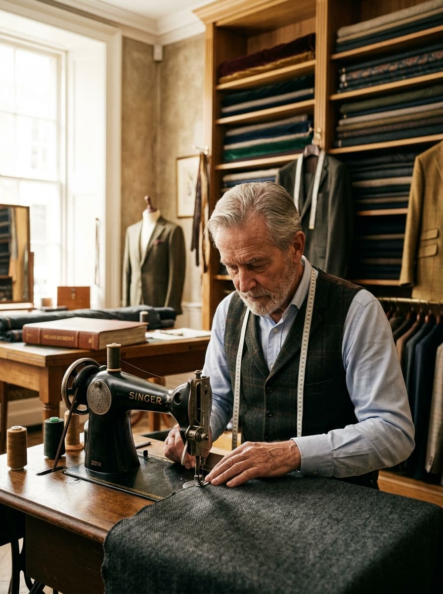 Master tailor operating a sewing machine
