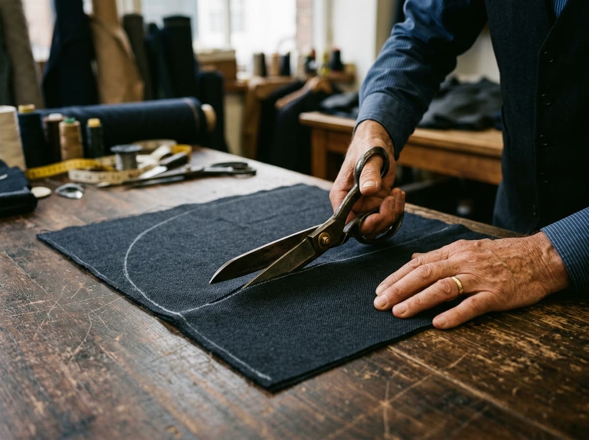 Master tailor cutting fabric